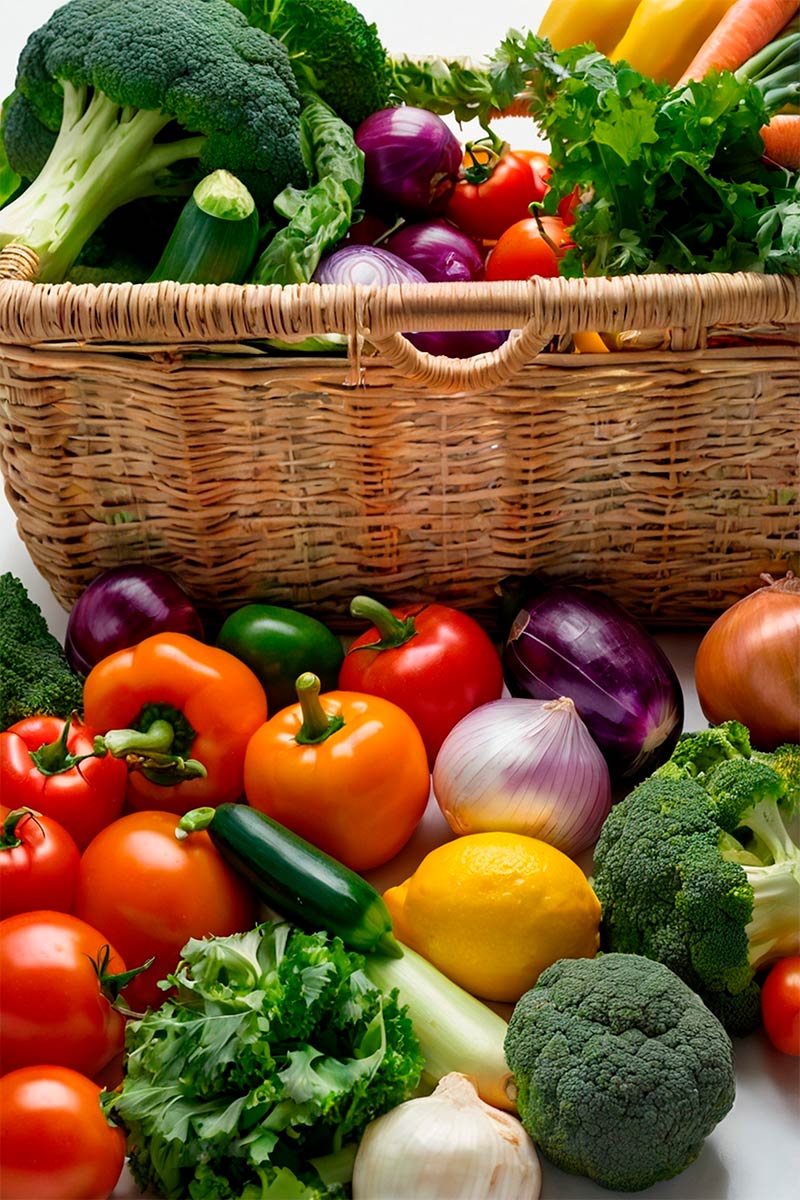 Fotografía de varias verduras y vegetales con un cesto de mimbre